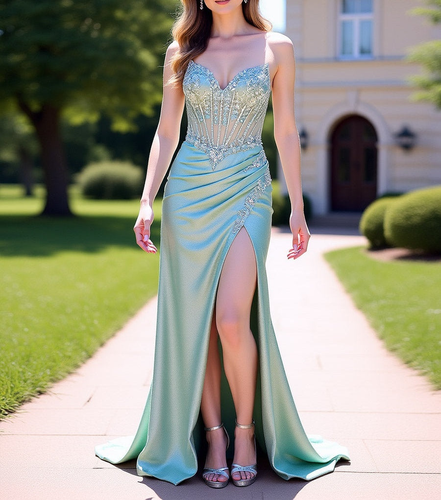 A Line/Princess Pleated Sparkly Sleeveless Floor-Length Prom Gowns with Lace Appliques