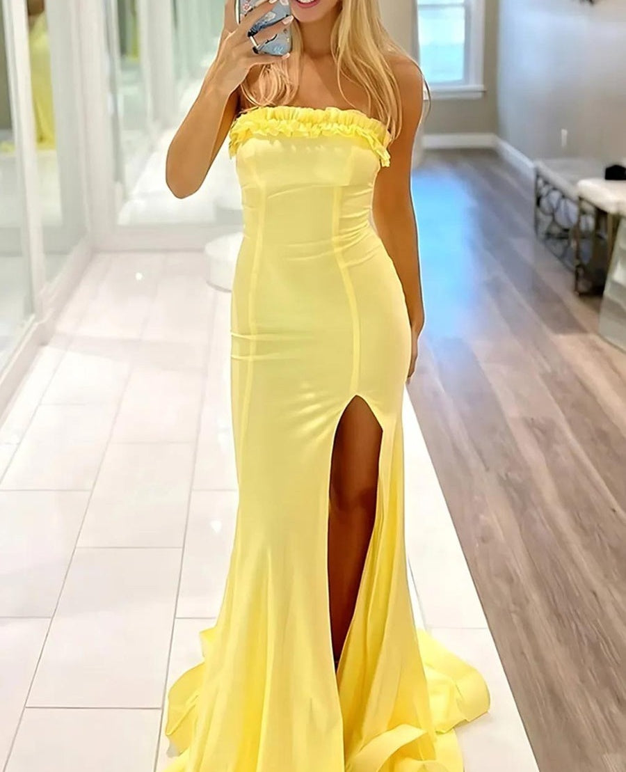 Mermaid/Trumpet Bodycon Satin Ruffle Floor-Length Prom Dresses