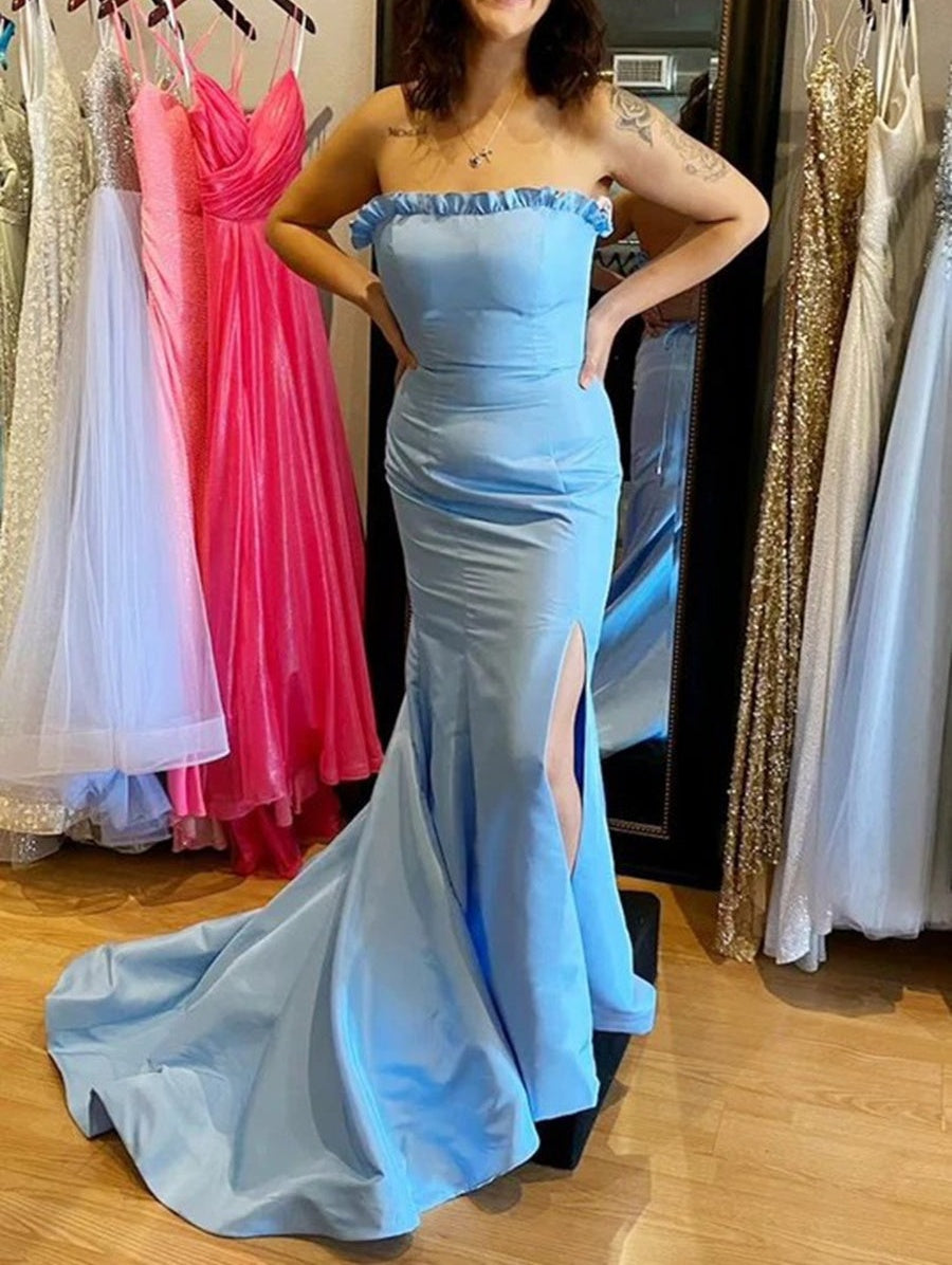 Mermaid/Trumpet Bodycon Satin Ruffle Floor-Length Prom Dresses