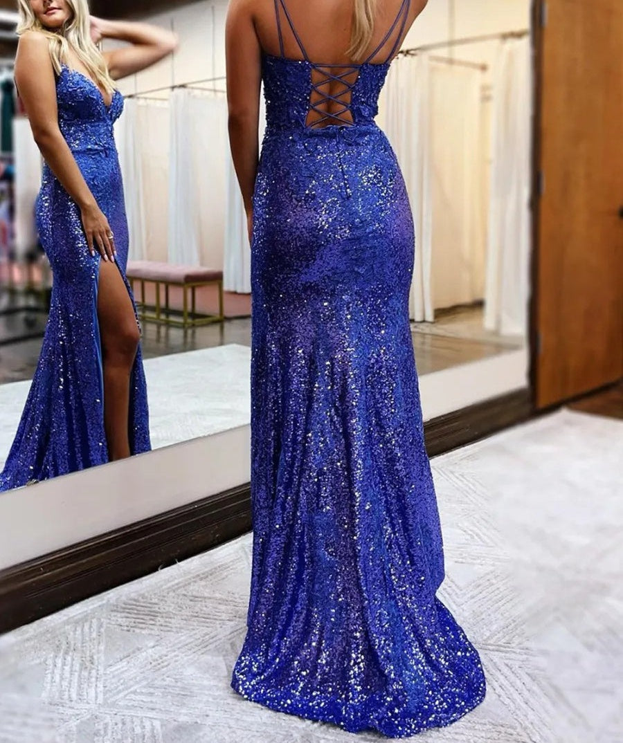 Sexy A-Line/Princess Sequin Spaghetti Strap V-Neck Floor-Length Prom Dresses with Slit