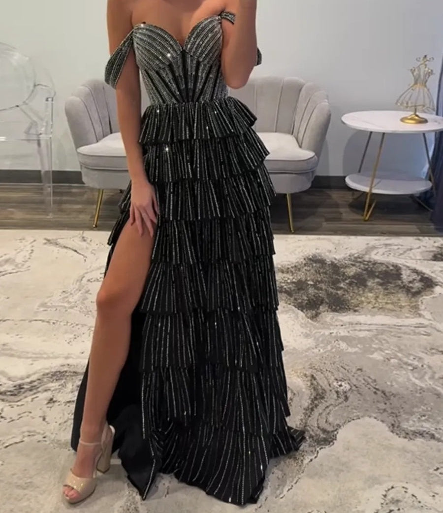 A-Line/Princess Off Shoulder Glitter Long Prom Dresses with Tiered Ruffle