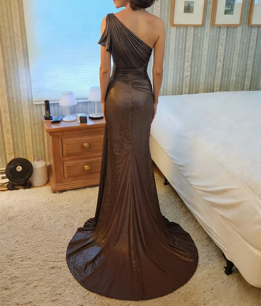 One Shoulder Ruched Metallic A-Line/Princess Long Prom Dresses with Train