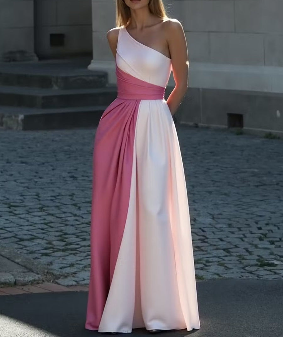 A-Line/Princess One Shoulder Patchwork Satin Long Prom Dresses with Pockets