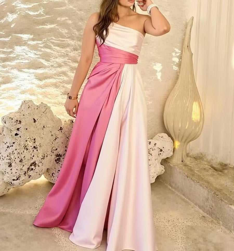 A-Line/Princess One Shoulder Patchwork Satin Long Prom Dresses with Pockets