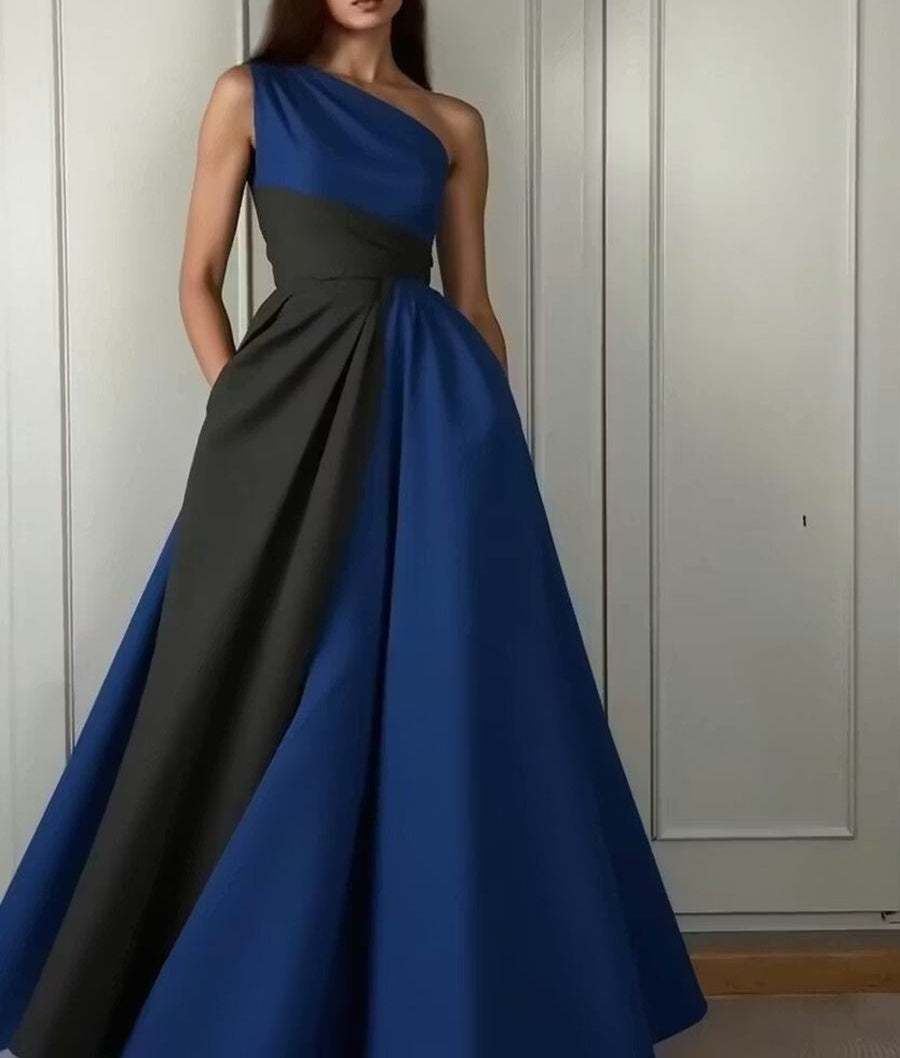 A-Line/Princess One Shoulder Patchwork Satin Long Prom Dresses with Pockets
