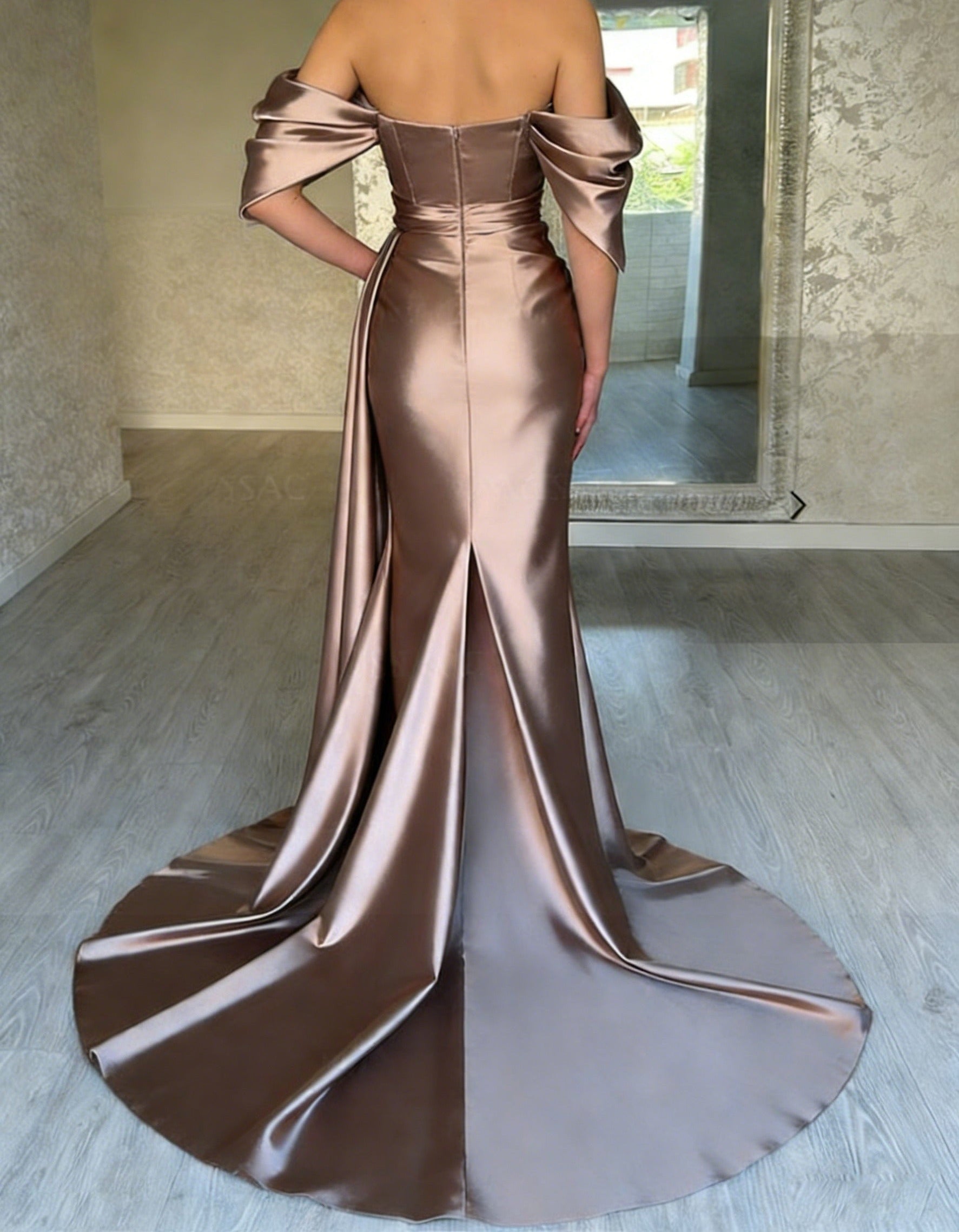 Trumpet/Mermaid Off Shoulder Pleated Satin Sweep/Brush Train Prom Dresses with Slit