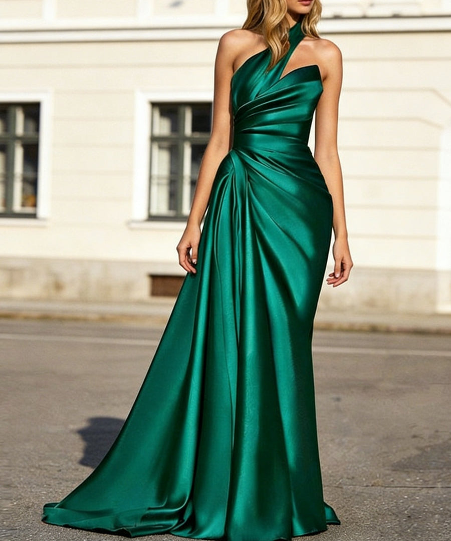 Sheath/Column One-Shoulder Sleeveless Satin Long Prom Dresses with Pleats