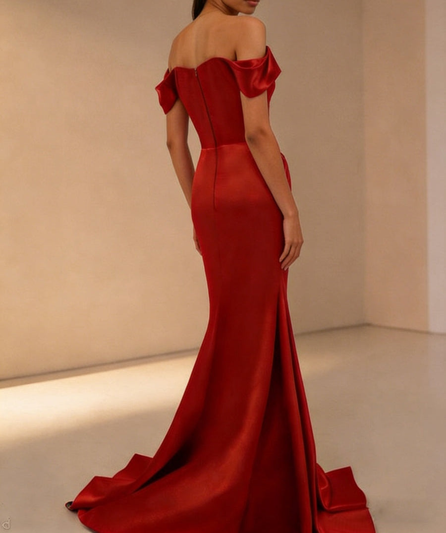 Sheath/Column Off Shoulder Sleeveless Pleated Satin Sequins Prom Dresses with Slit