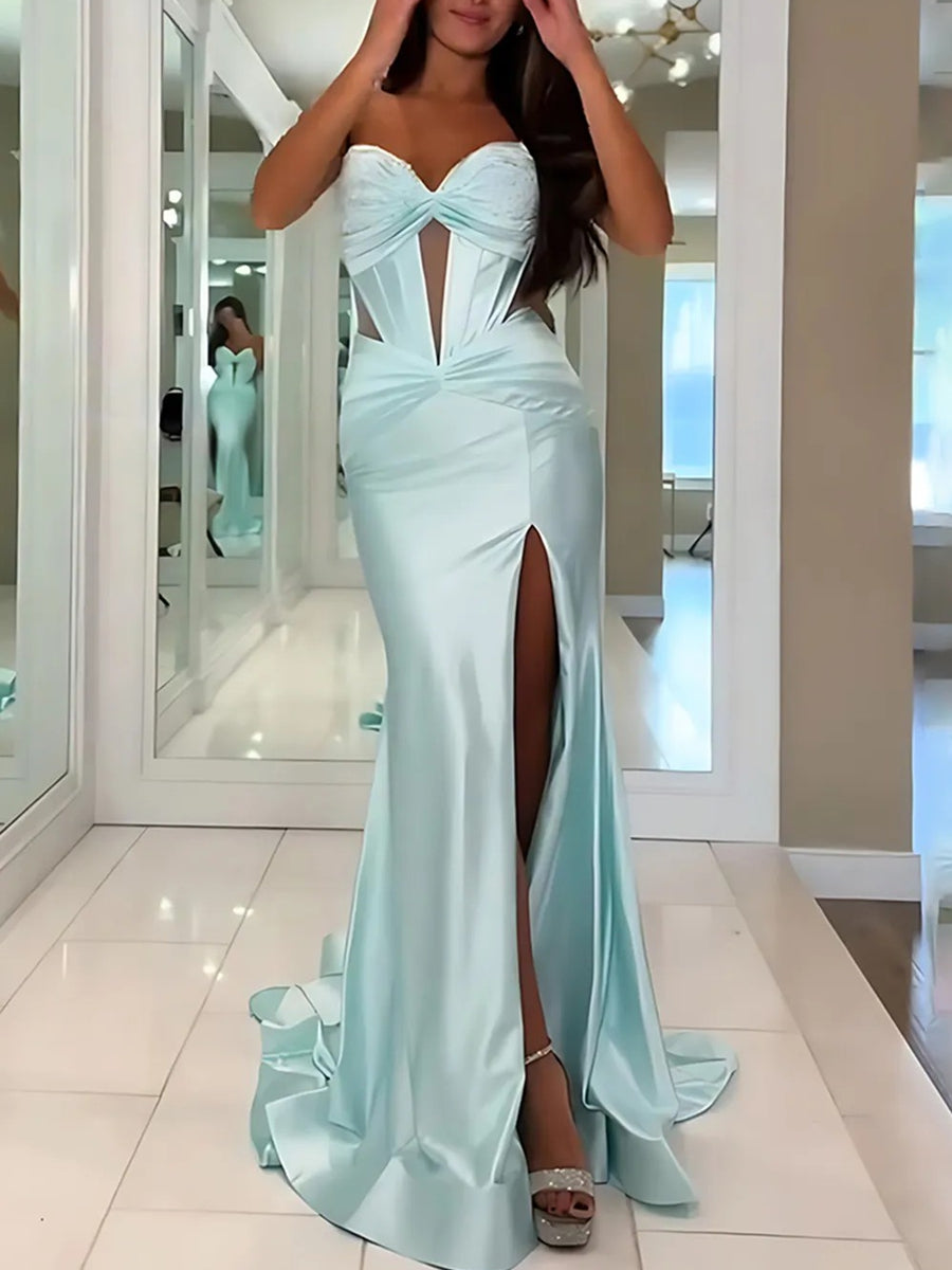 Sweetheart Drop Waist Ruched Satin Mermaid Long Prom Dresses with Beading