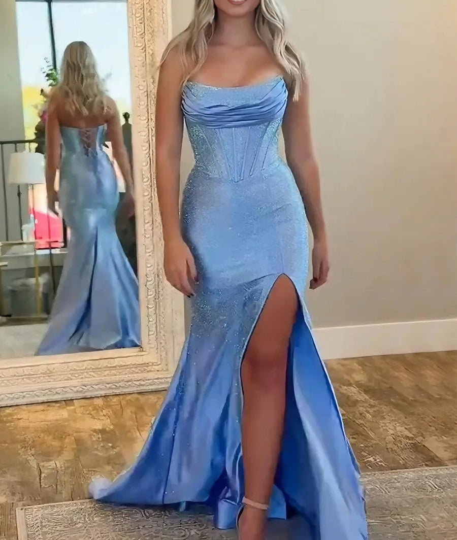 Strapless Cowl Neck Beading Mermaid Long Prom Dresses