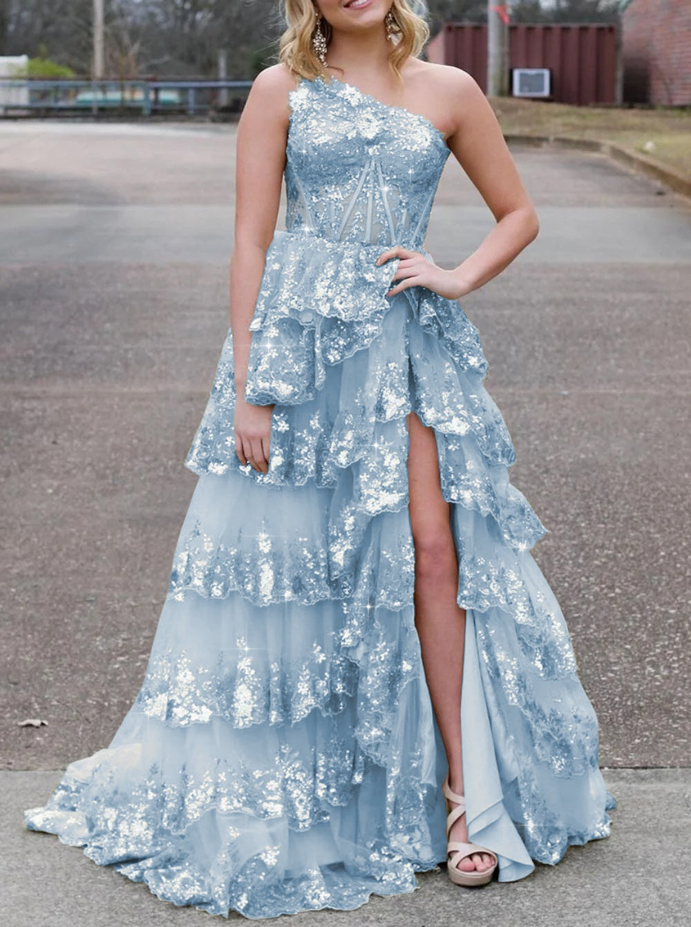 Sparkly Sequin One Shoulder Tiered Long Prom Dresses with Slit