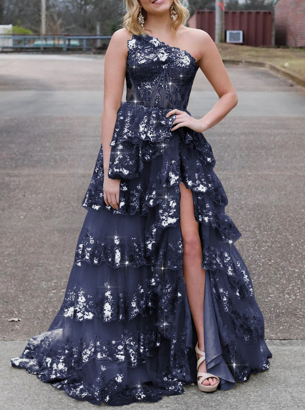 Sparkly Sequin One Shoulder Tiered Long Prom Dresses with Slit