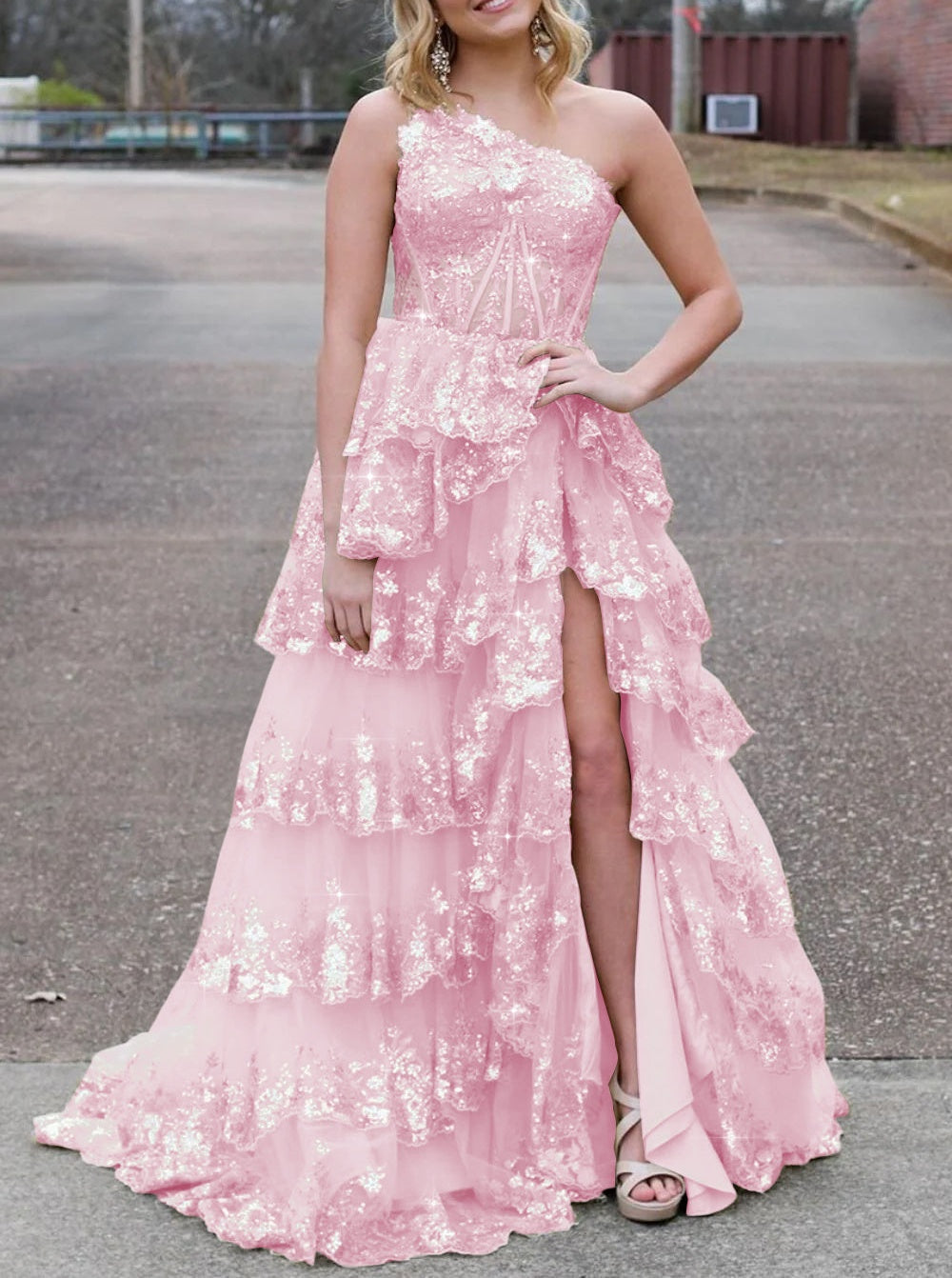 Sparkly Sequin One Shoulder Tiered Long Prom Dresses with Slit