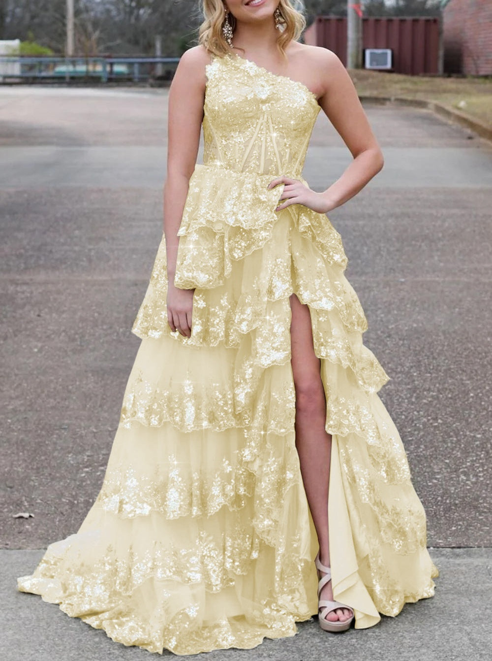 Sparkly Sequin One Shoulder Tiered Long Prom Dresses with Slit