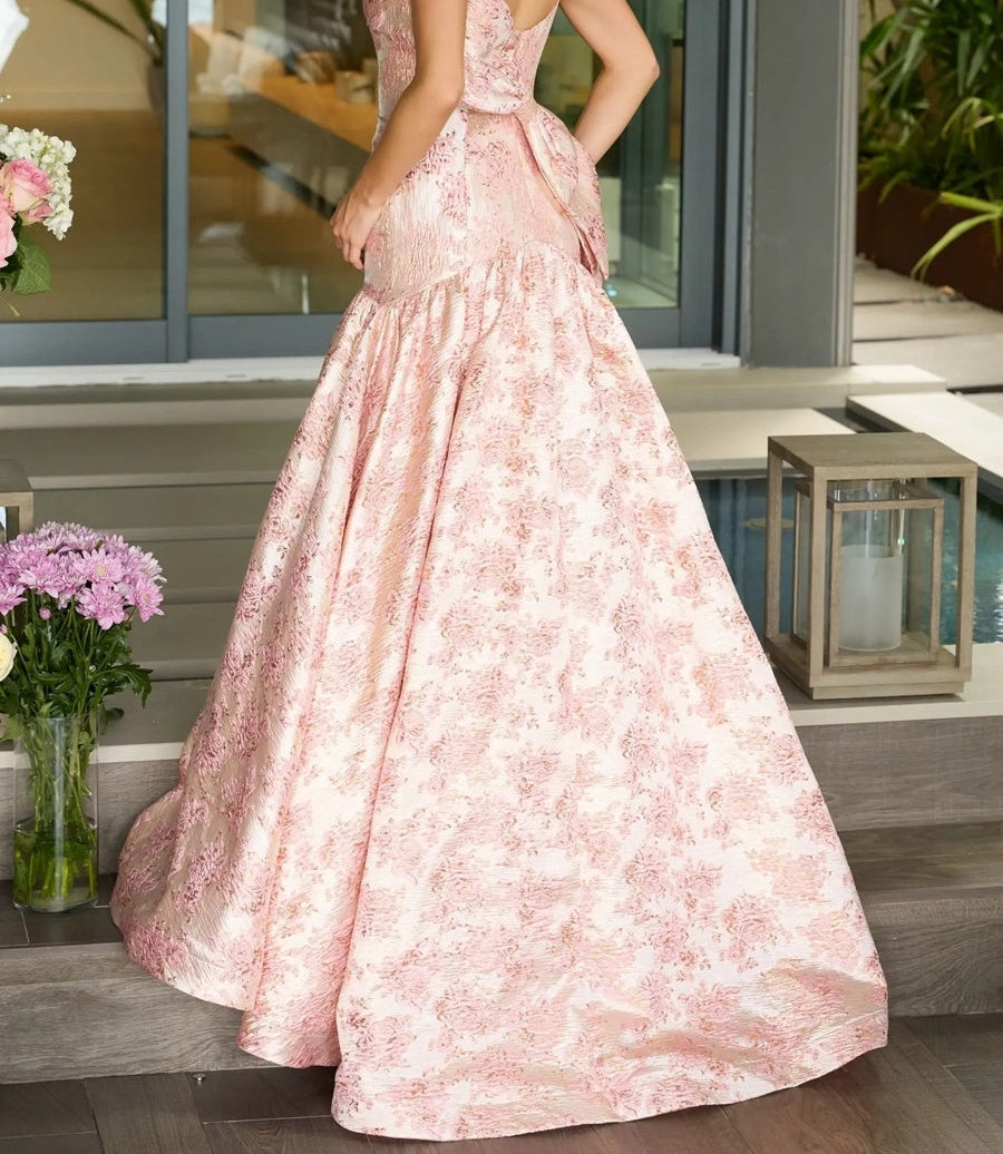 Mermaid/Trumpet Drop Waist Bow Long Prom Dresses with Jacquard