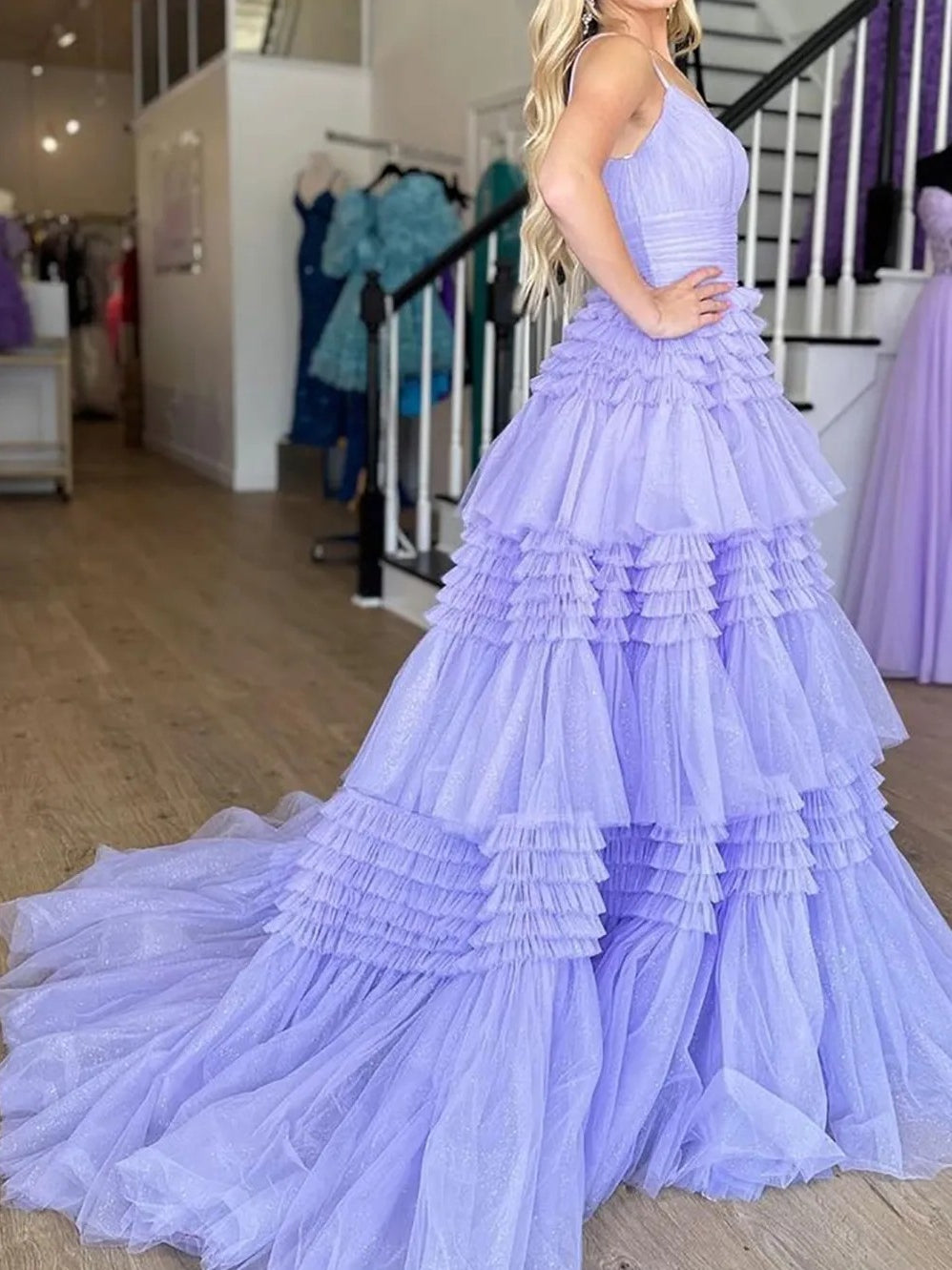 Tulle Spaghetti Strap Tiered Long Prom Dresses Ruffle Ball Gown