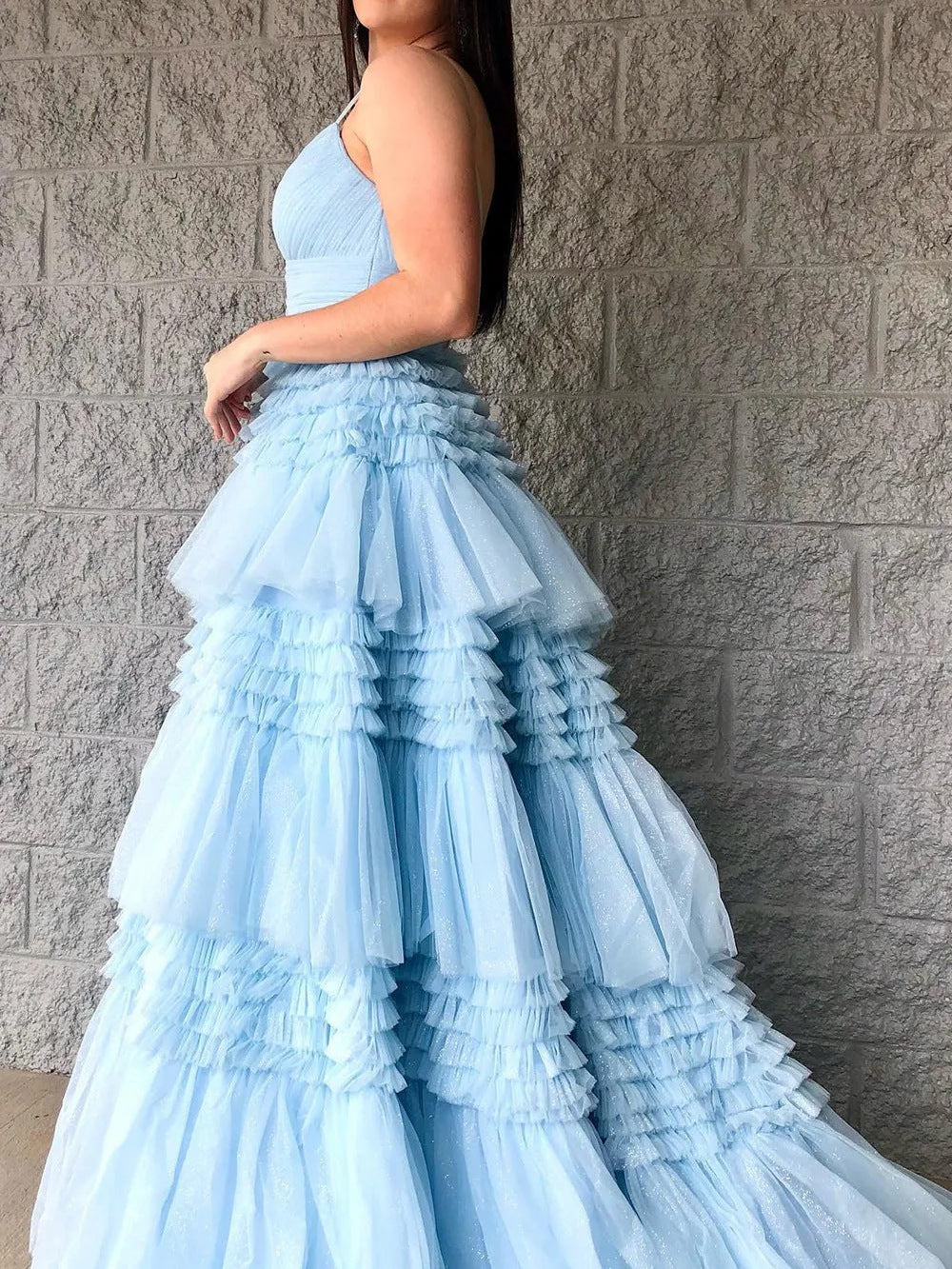Tulle Spaghetti Strap Tiered Long Prom Dresses Ruffle Ball Gown