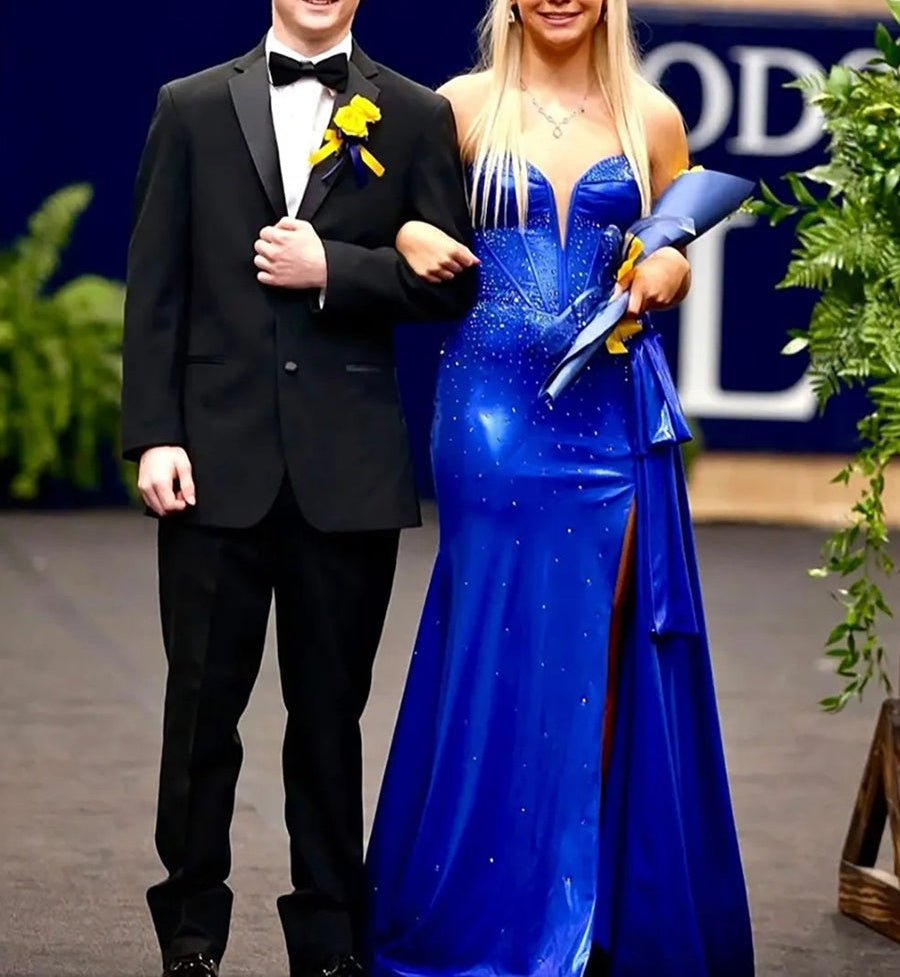 Sweetheart Satin Ruffle Mermaid Long Prom Dresses with Beading
