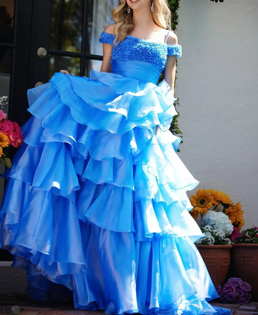 Spaghetti Strap Cold Shoulder Princess Long Prom Dresses with Tiered Taffeta