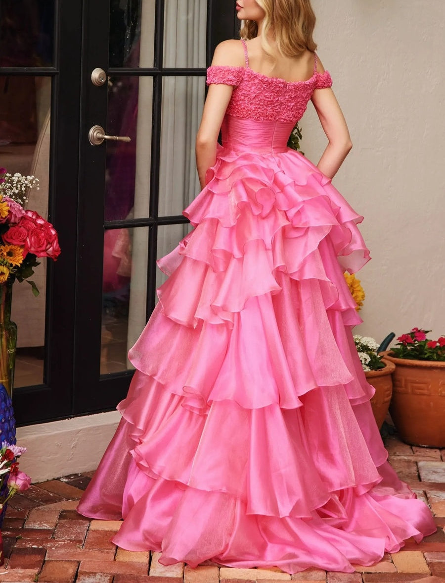 Spaghetti Strap Cold Shoulder Princess Long Prom Dresses with Tiered Taffeta