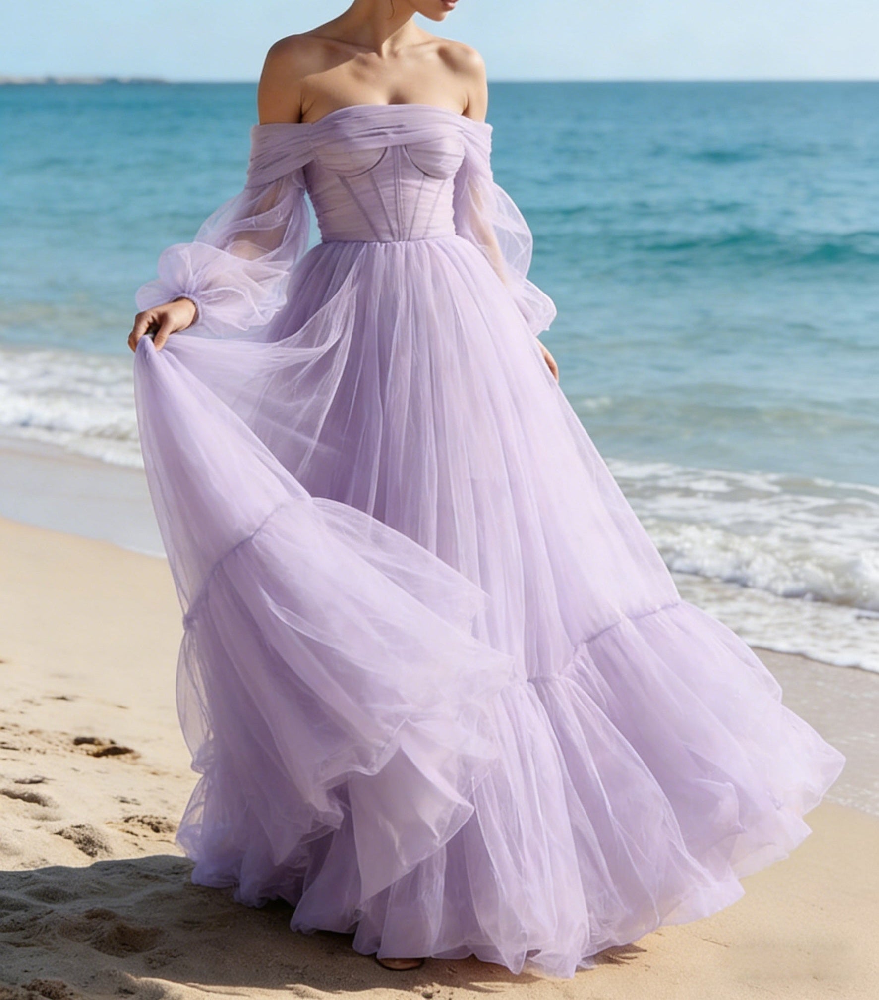 A-Line/Princess Sweetheart Long Sleeves Tiered Tulle Floor-Length Prom Dress with Bow