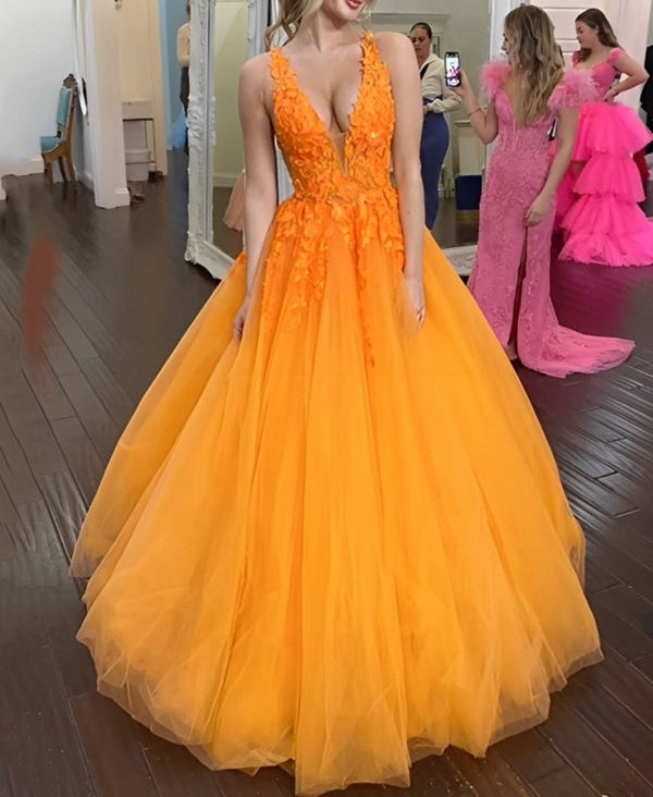 Ball Gown V-Neck Illusion Tulle Floor Length Prom Dress with Lace Appliques