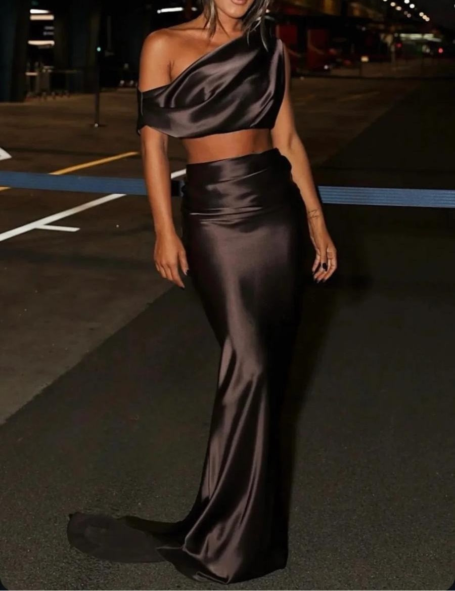 Elegant Mermaid/Trumpet Satin Two-Piece Set Floor-Length Prom Dresses