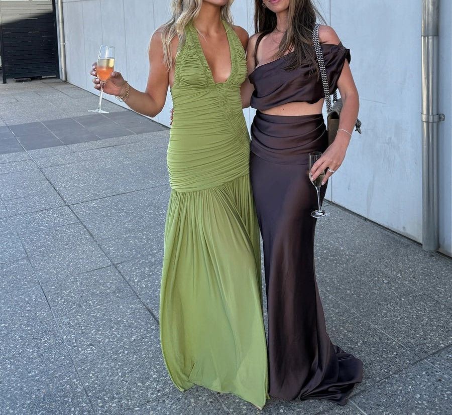 Elegant Mermaid/Trumpet Satin Two-Piece Set Floor-Length Prom Dresses