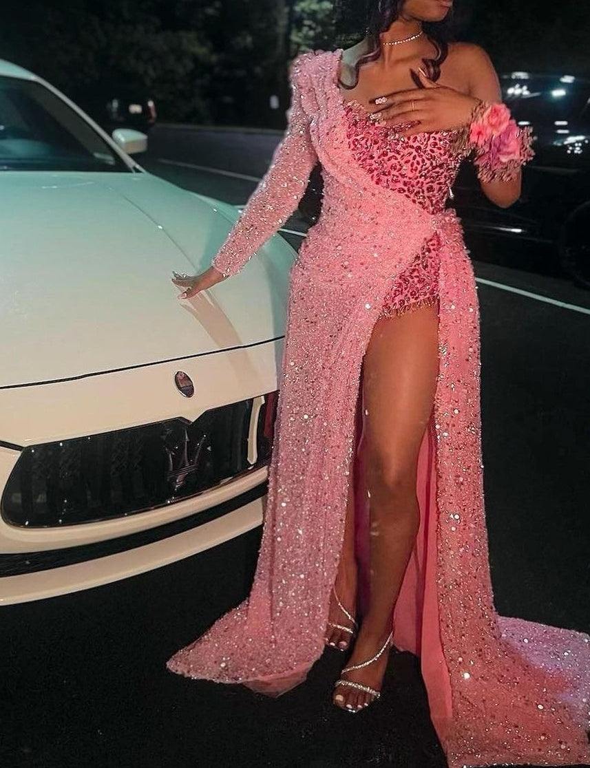 Strapless One Shoulder Sequins Chapel Train Front Side Prom Dress