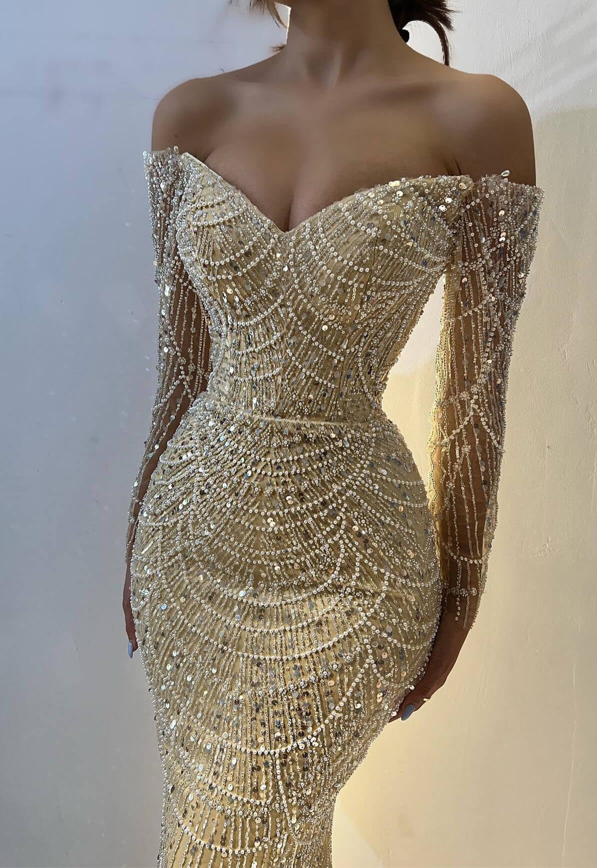 Beautiful Off-the-Shoulder Long Sleeves Prom Dress Mermaid Pearls With Beads