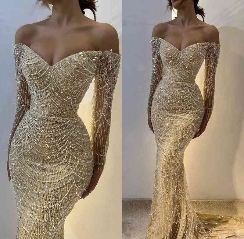 Beautiful Off-the-Shoulder Long Sleeves Prom Dress Mermaid Pearls With Beads