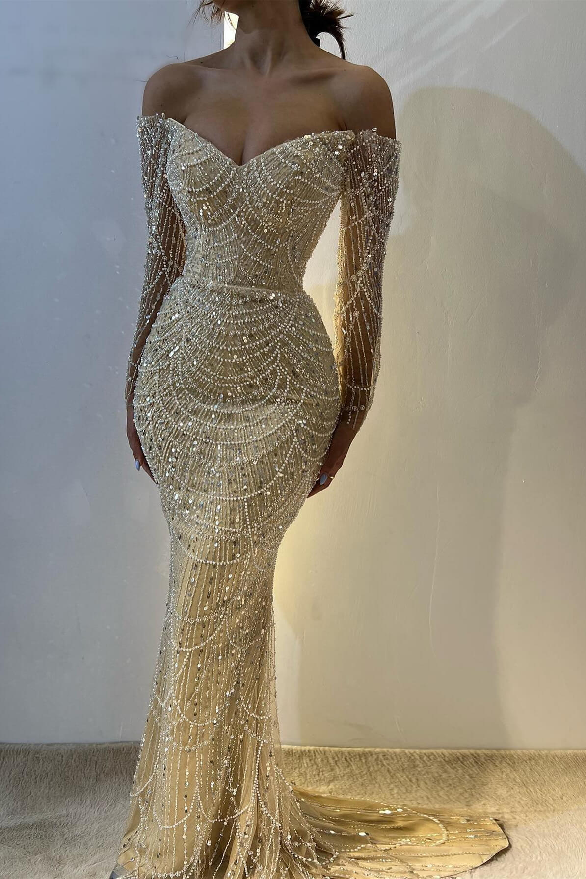 Beautiful Off-the-Shoulder Long Sleeves Prom Dress Mermaid Pearls With Beads