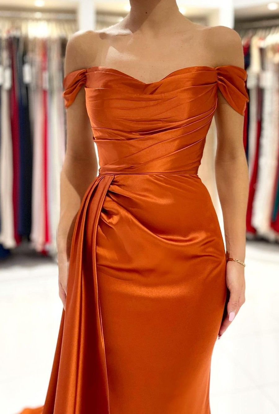 Burnt Orange Off-the-Shoulder Mermaid Prom Dress Long With Split