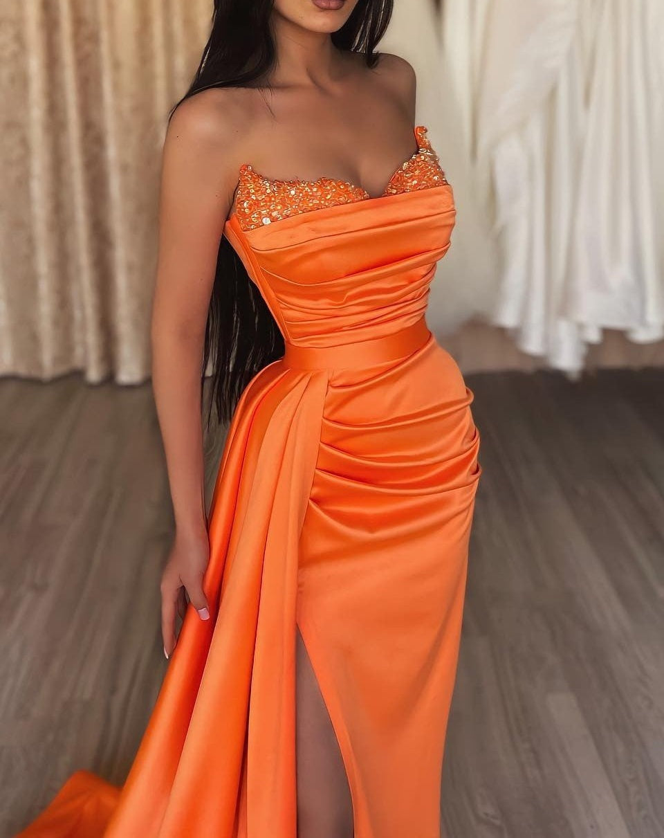 Orange Sweetheart Mermaid Prom Dress Long Split With Sequins