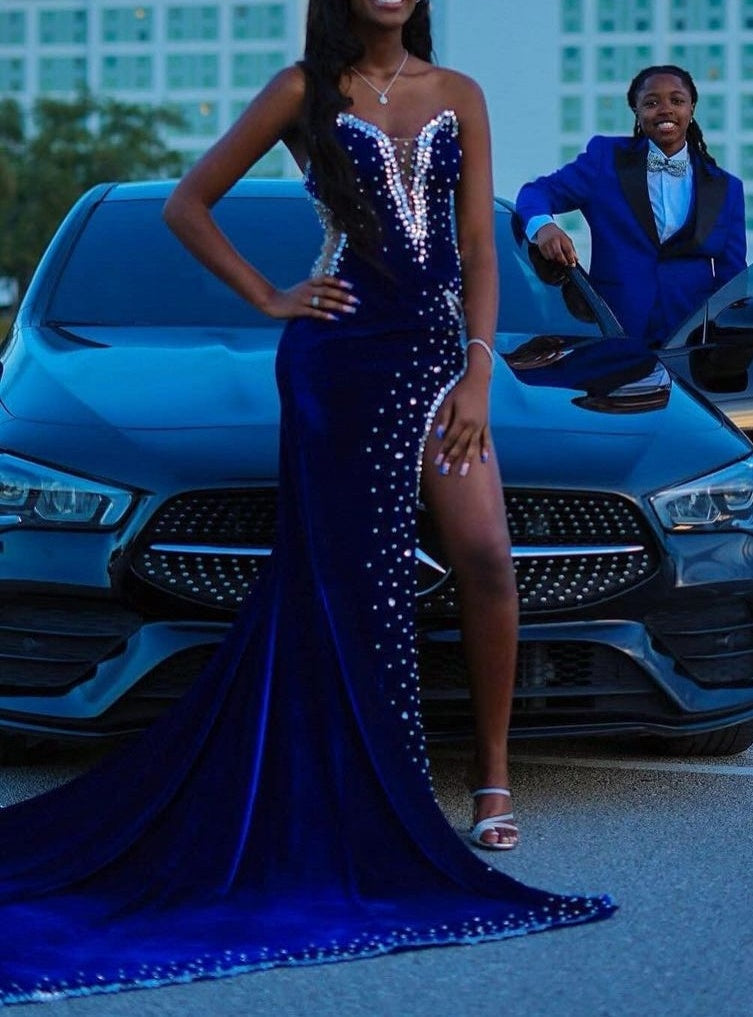 Sweetheart Chapel Train Mermaid Beads Front Side Prom Dress