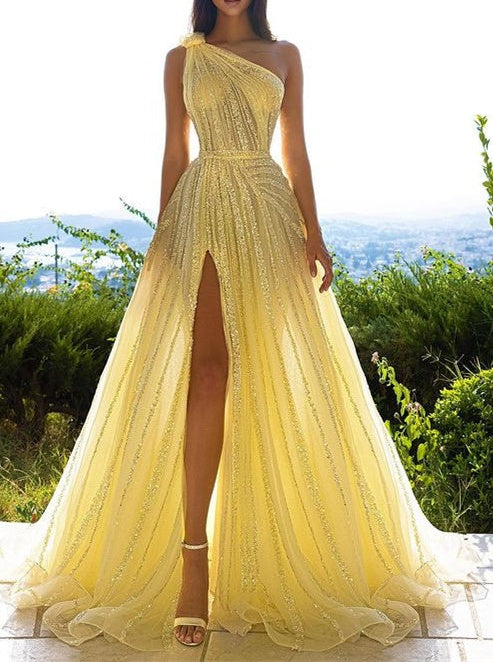 Glittering One Shoulder Daffodil Sequins Prom Dress Long Split Online