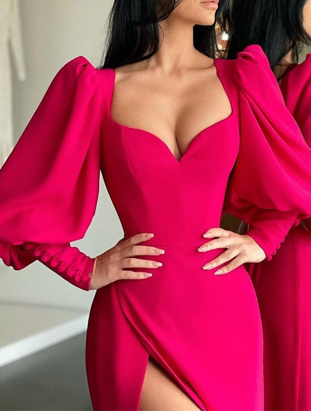 Elegant Bubble sleeves Sweetheart Red Side-cut Mermaid Prom Dress