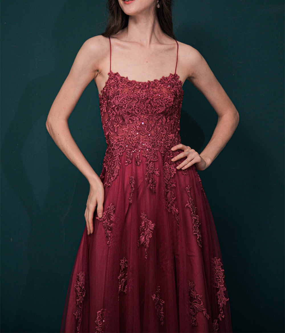 Burgundy Spaghetti Strap Lace Appliques High split Prom Dress
