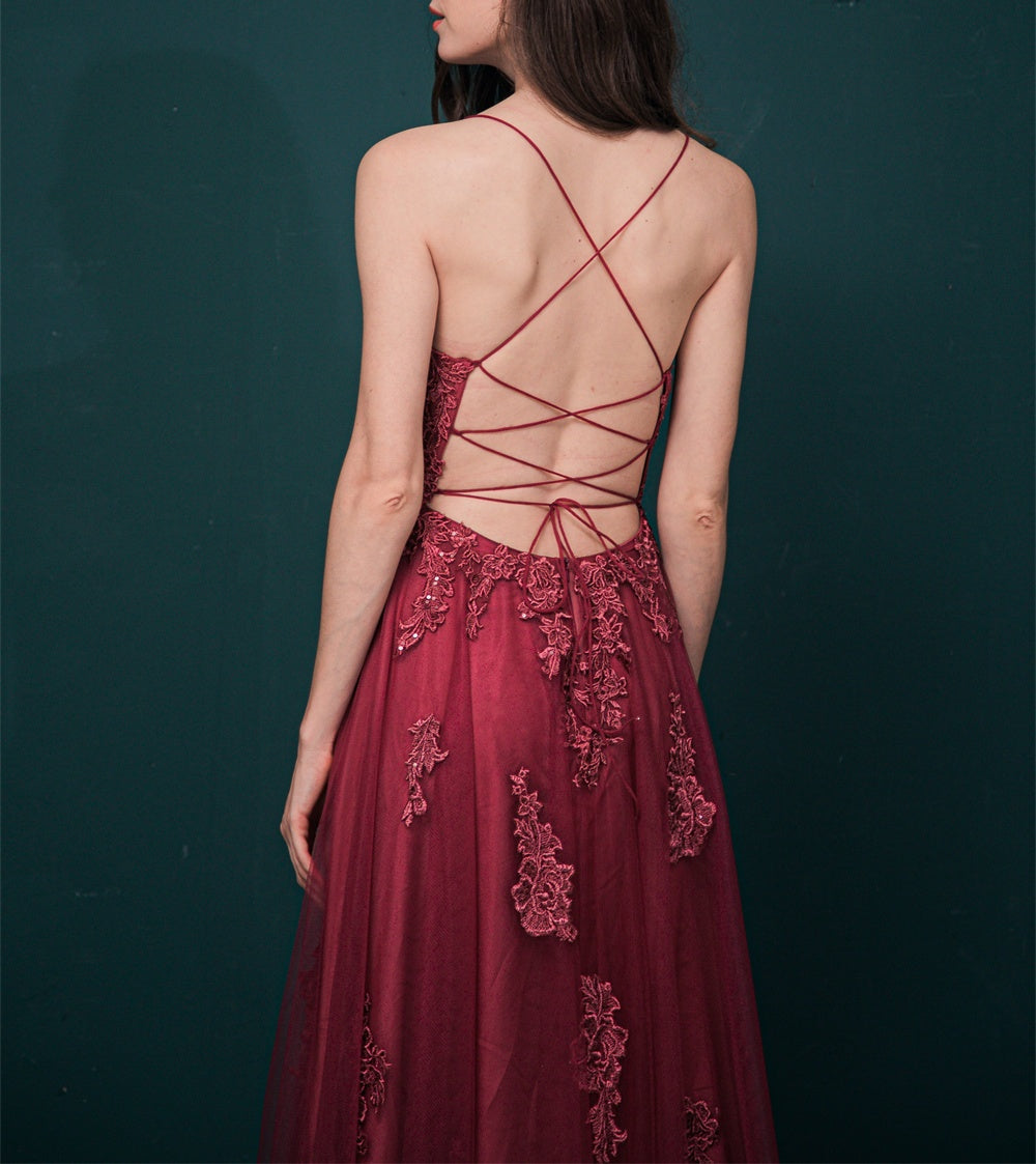 Burgundy Spaghetti Strap Lace Appliques High split Prom Dress