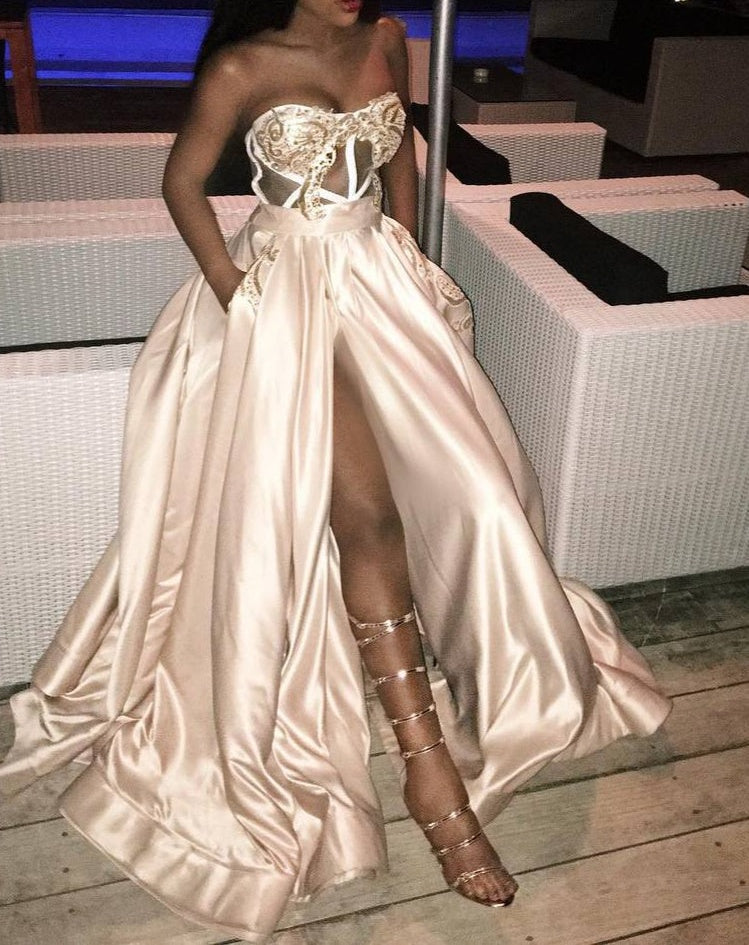 Gorgeous Sweetheart Long Prom Dress Slit Evening Gowns Appliques