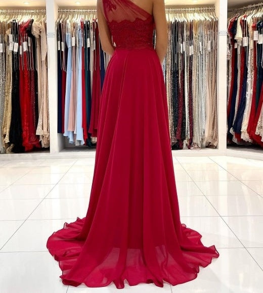 One Shoulder Red Prom Dress Floor Length Sleeveless Maxi Dress with Front Slit