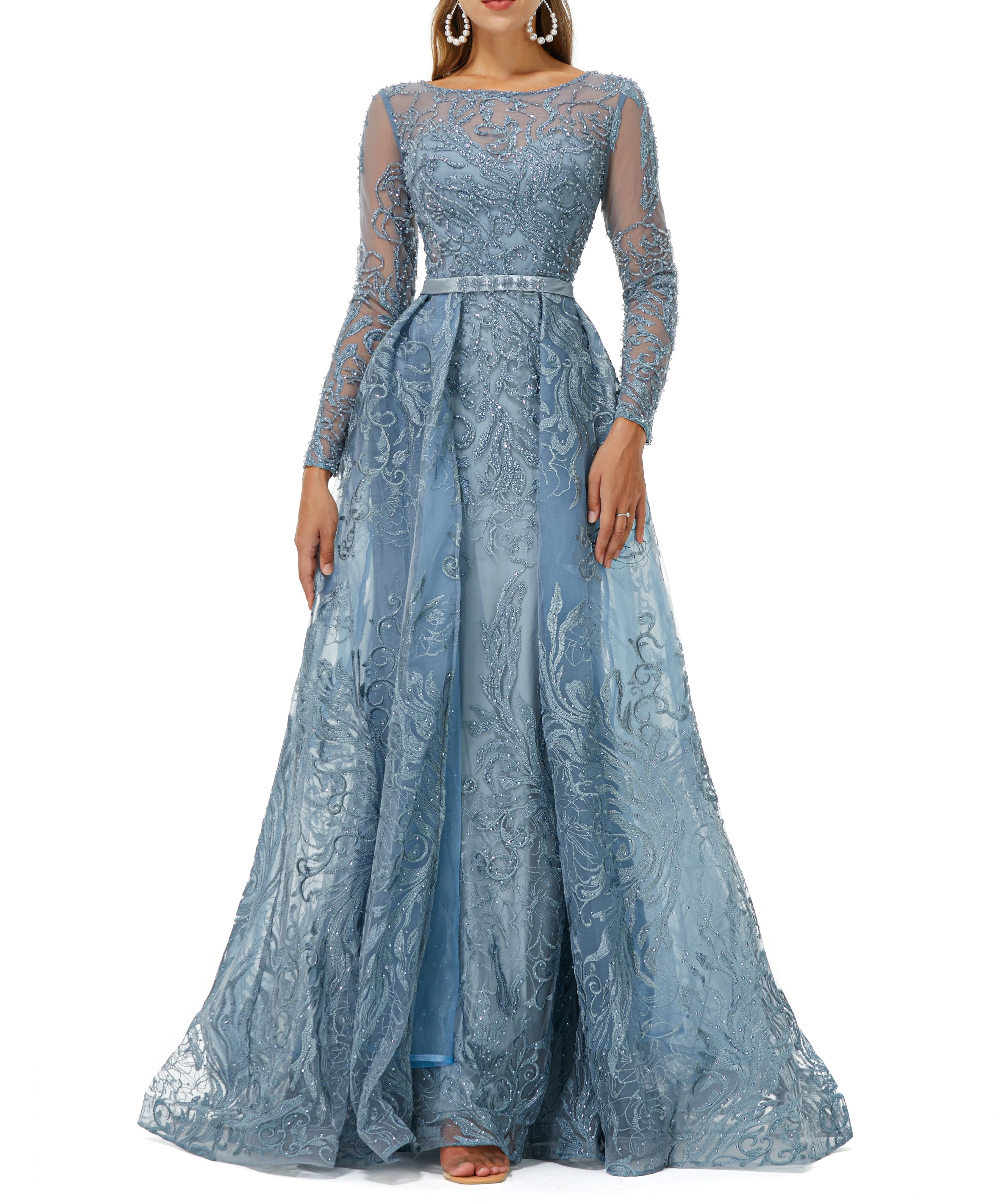 ombreprom Design | Sparkle Beaded Mermaid Long sleeves Prom Dresses with Overskirt
