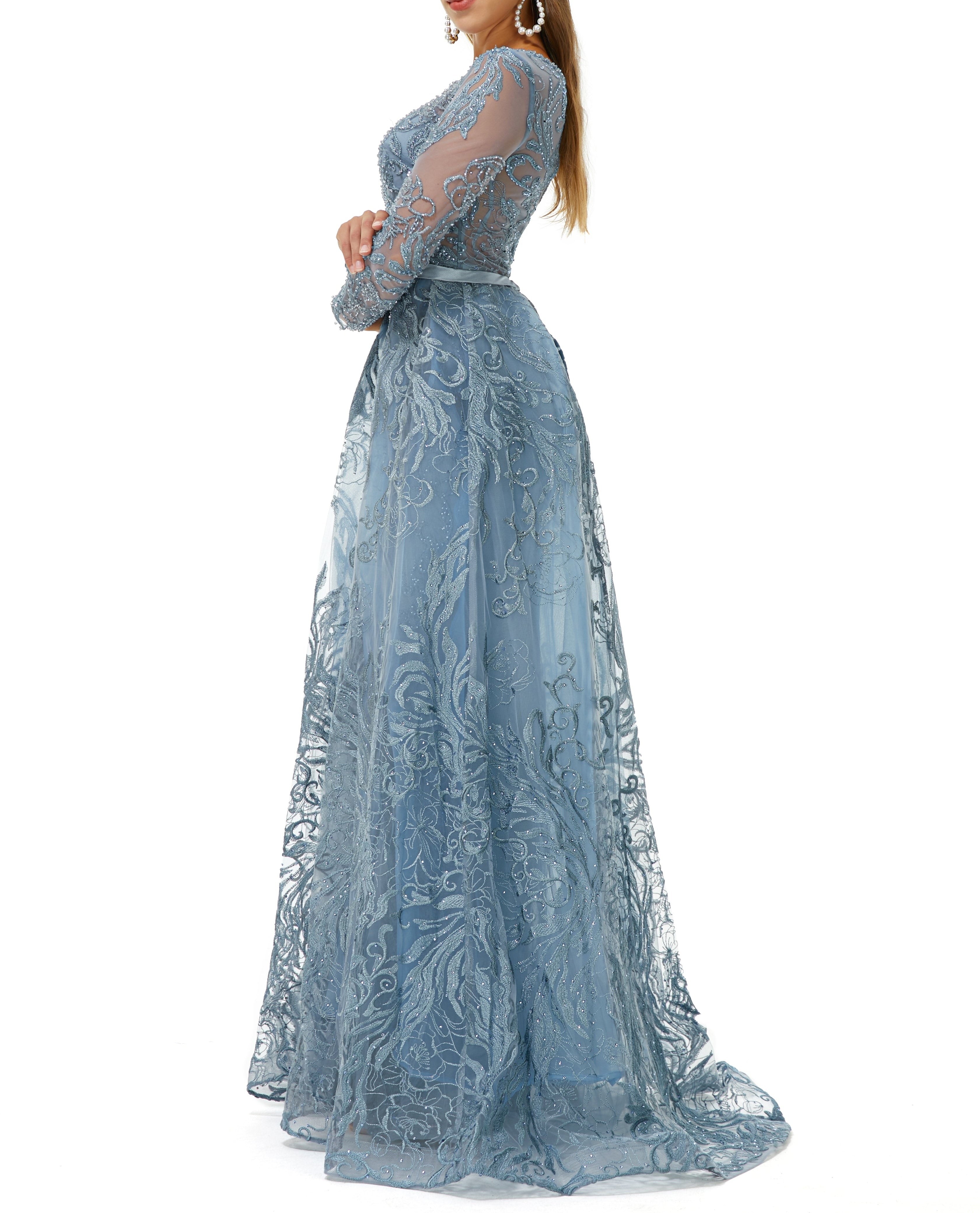 ombreprom Design | Sparkle Beaded Mermaid Long sleeves Prom Dresses with Overskirt