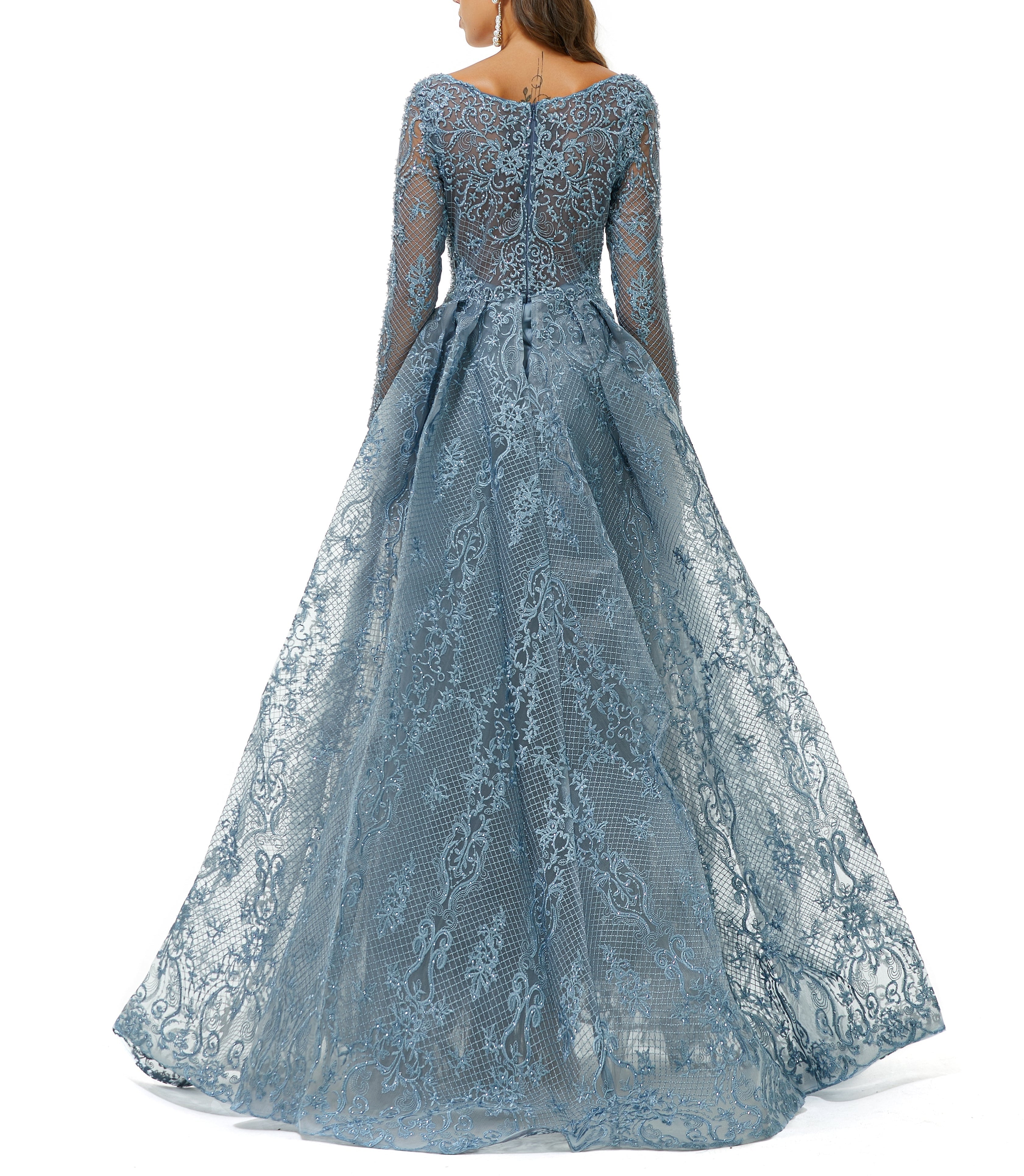 ombreprom Design | Sparkle Dusty Blue Beaded Mermaid Long sleeves Prom Dresses with Overskirt