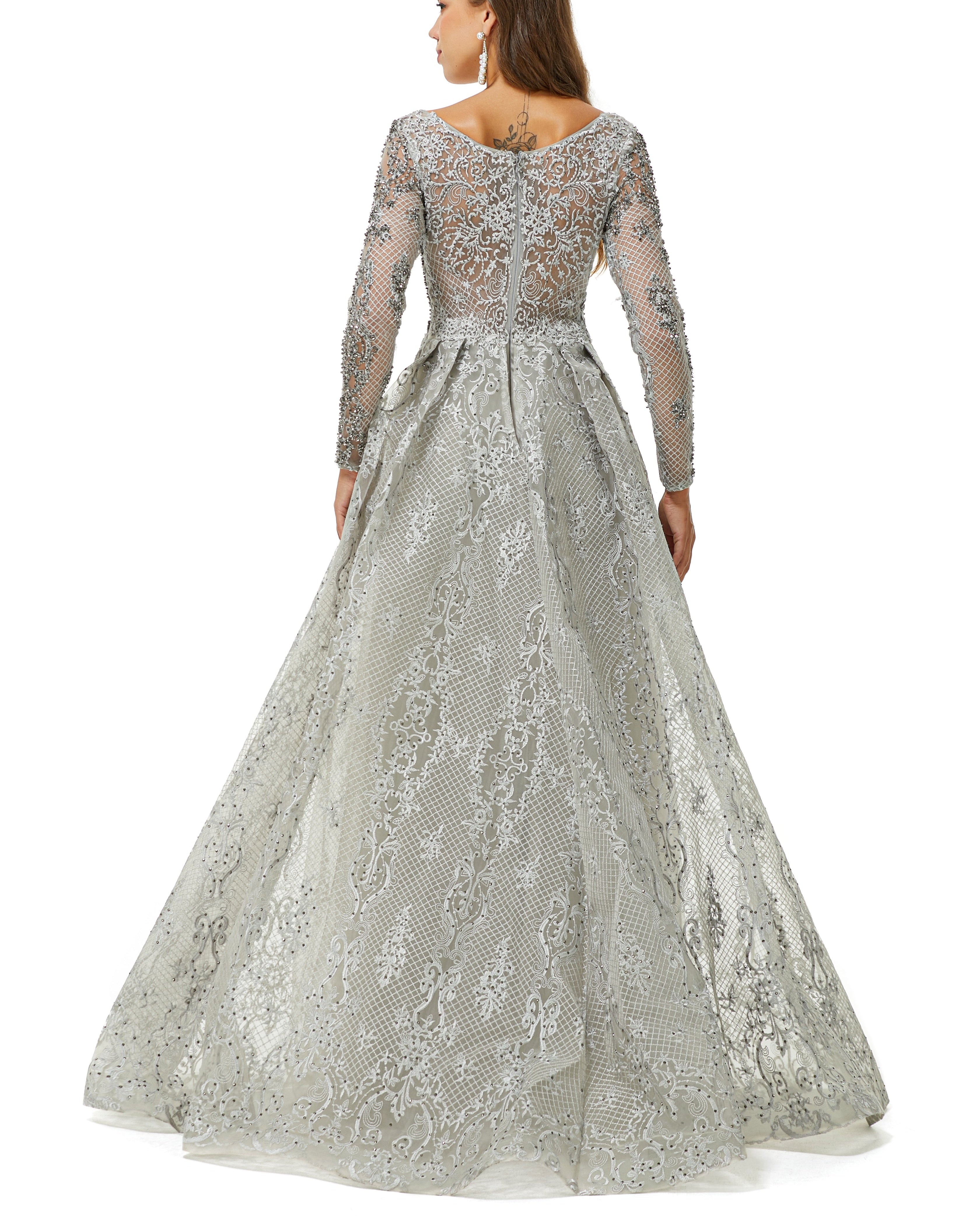 ombreprom Design | Sparkle Dusty Blue Beaded Mermaid Long sleeves Prom Dresses with Overskirt