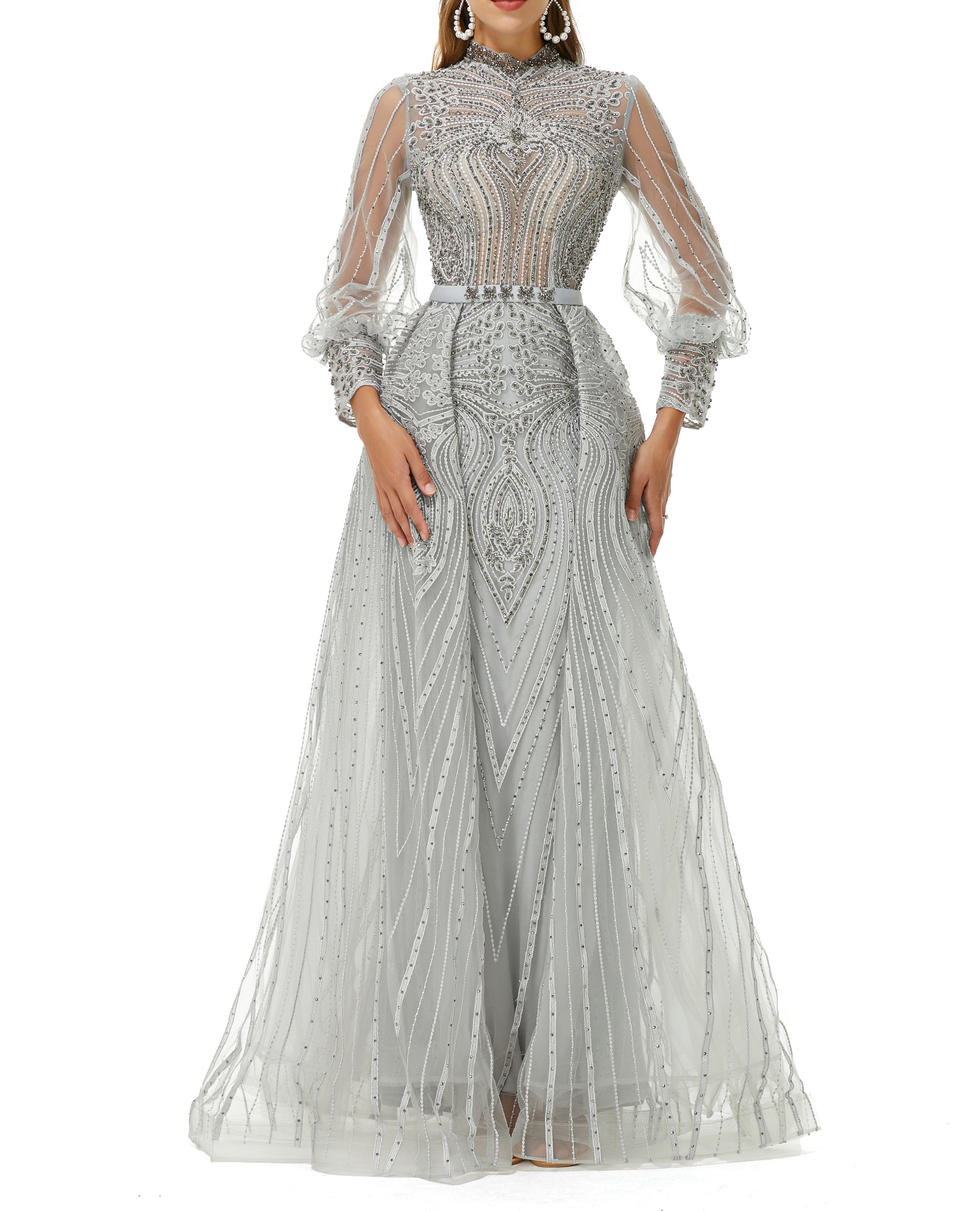 ombreprom Design | Sparkle Gray Beaded Mermaid Long sleeves Prom Dresses with Overskirt