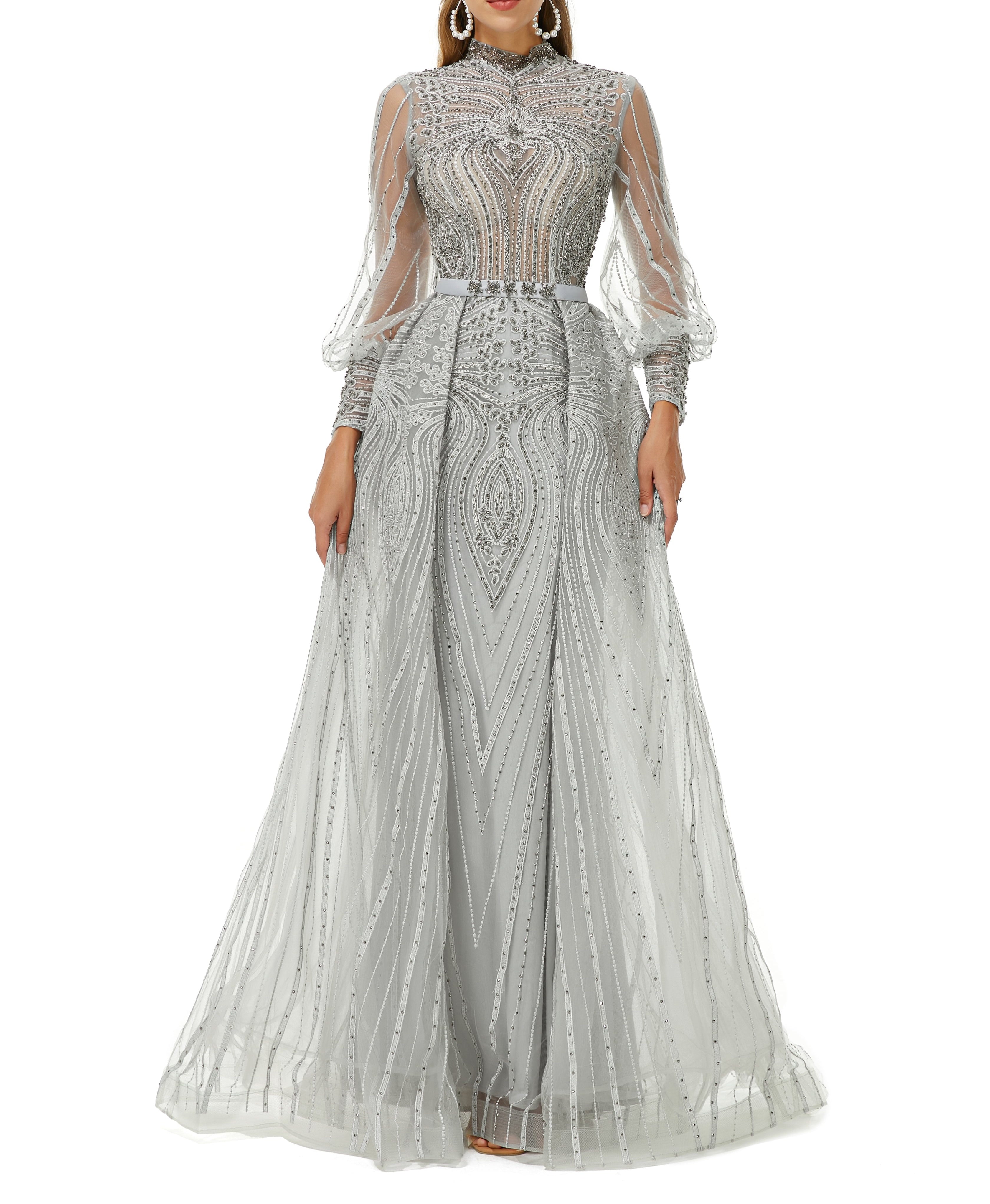 ombreprom Design | Sparkle Gray Beaded Mermaid Long sleeves Prom Dresses with Overskirt