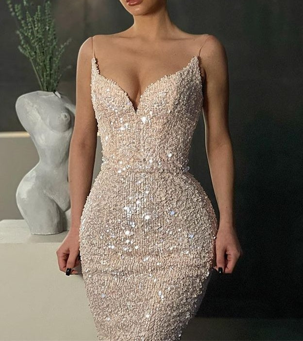 Gorgeous Spaghetti-Straps Sequins Prom Dress Mermaid Sleeveless