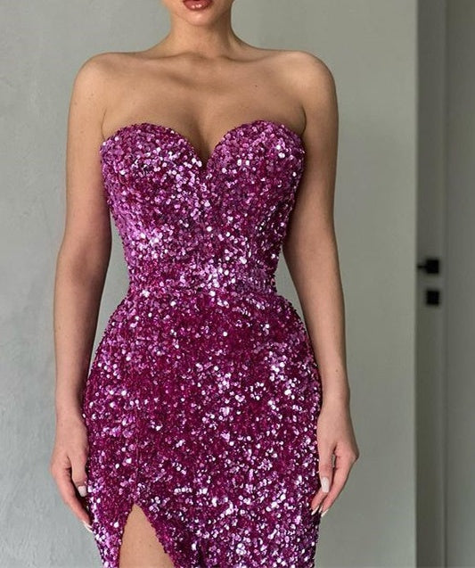 Elegant Sweetheart Sequins Prom Dress Mermaid Long Split Evening Gowns