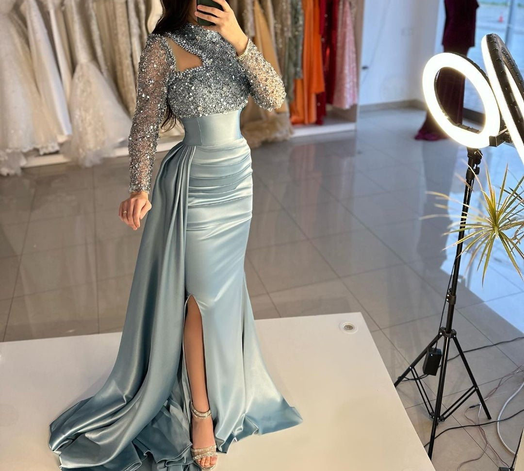 ombreprom Dusty Blue Long Sleeves Prom Dress Mermaid With Sequins High Neck